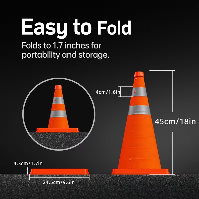 Road Traffic Cone - 45 センチメートル折りたたみ式伸縮式トラフィックコーン、収納袋付き、反射道路コーン、路側駐車場、建設現場の区画線用