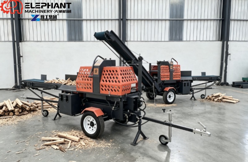 Heavy Equipment Handling - 油圧式丸太分割機、丸太リフト付き25トン木材分割機、重い丸太の取り扱いと分割を容易にします。