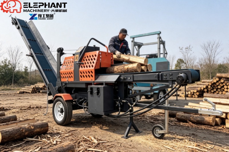 油圧式丸太分割機、丸太リフト付き25トン木材分割機、重い丸太 - Heavy Equipment Handling のレビューと価格